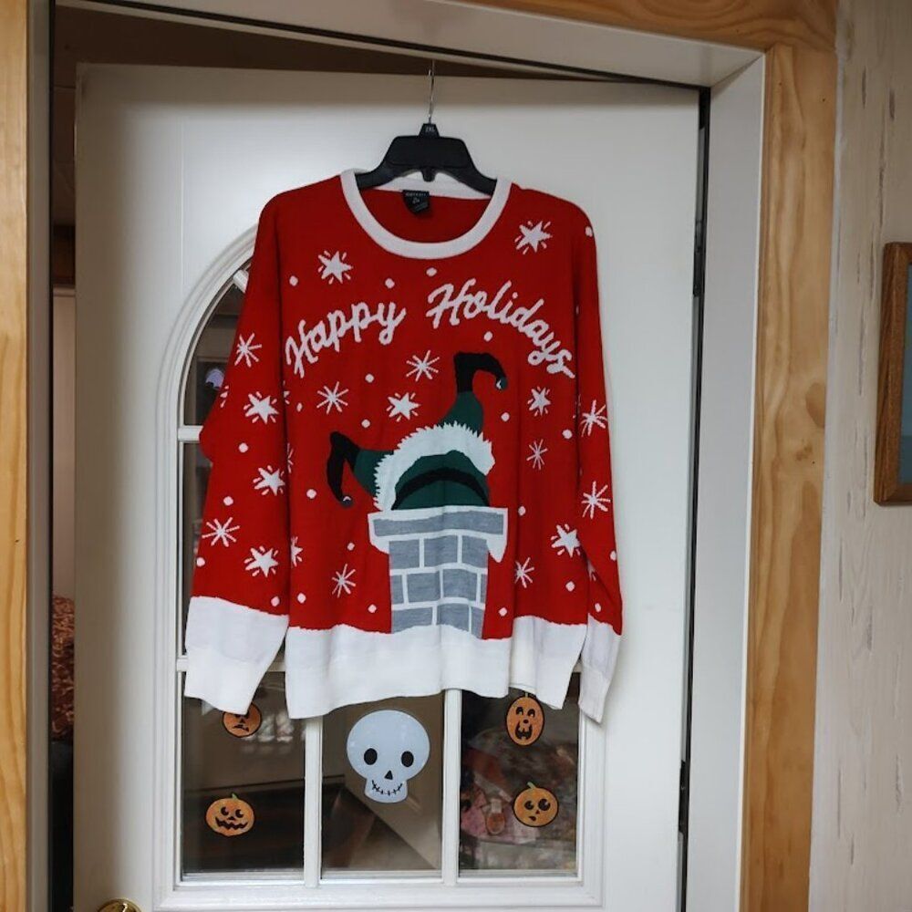 New Esmara Red White Santa Down The Chimney Ugly Christmas Sweater Women's XL